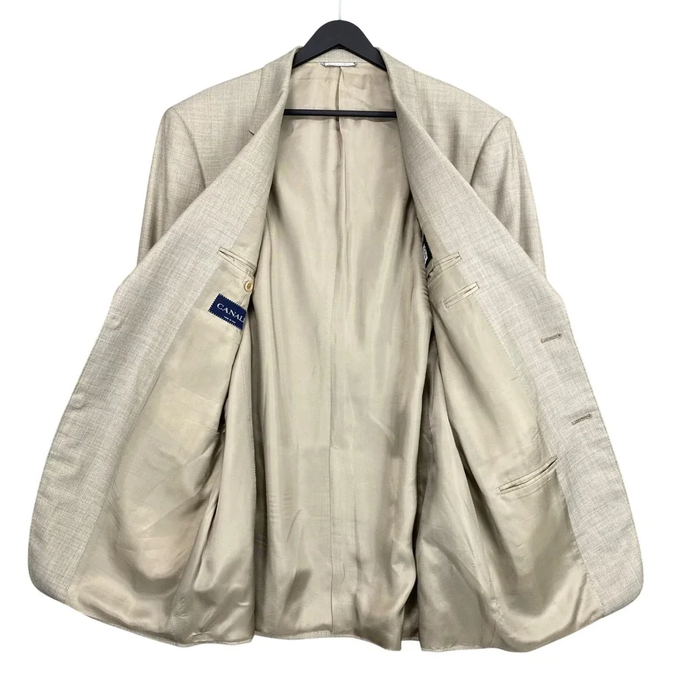 Canali 2pc Wool Suit Mens 44L IT 54L 37x33 Beige Italy Cupro Lined Quiet Luxury